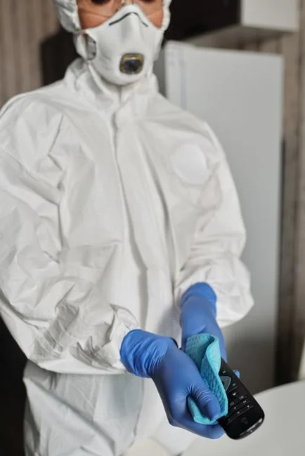 A cleaner in protective coveralls and gloves vacuuming a modern living room.